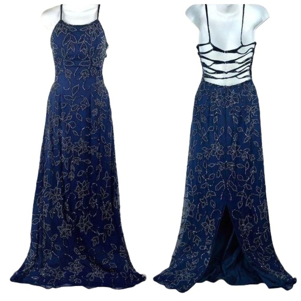 Vintage 100% Silk Navy blue beaded evening gown. Size Small.